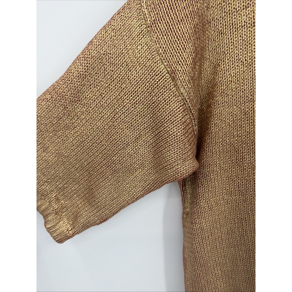 Coldwater Creek Open Knit Top Sz S Terra Cotta Metallic Gold 3/4 Sleeve Shimmer - Picture 2 of 7